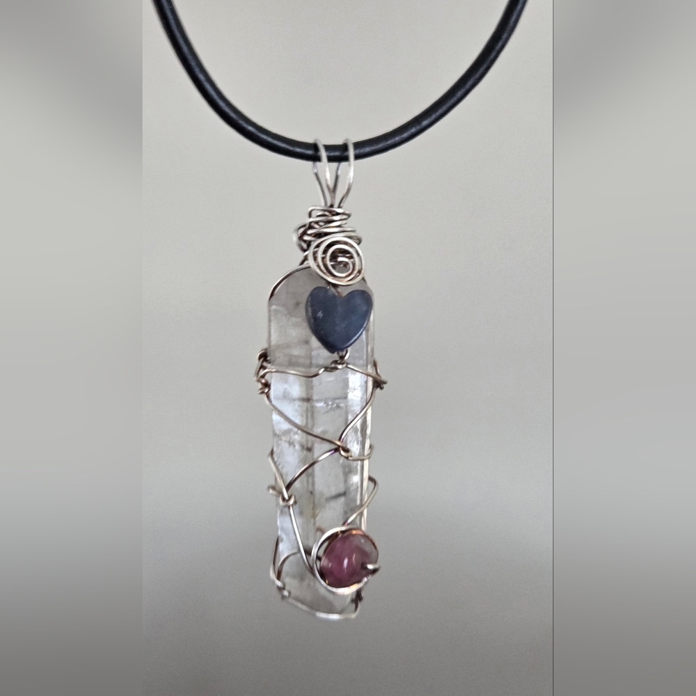 Sterling Clear Quartz Crystal Pendant Adorned With Sodalite Heart And Rhodonite